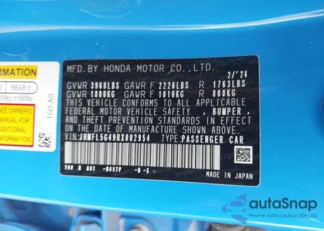 2024 Honda Civic Type R z USA, uszkodzony, nr VIN JHMFL5G49RX002954